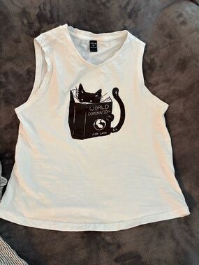 SHEIN White Sleeveless Tank with Black Cat 'World Domination' Graphic